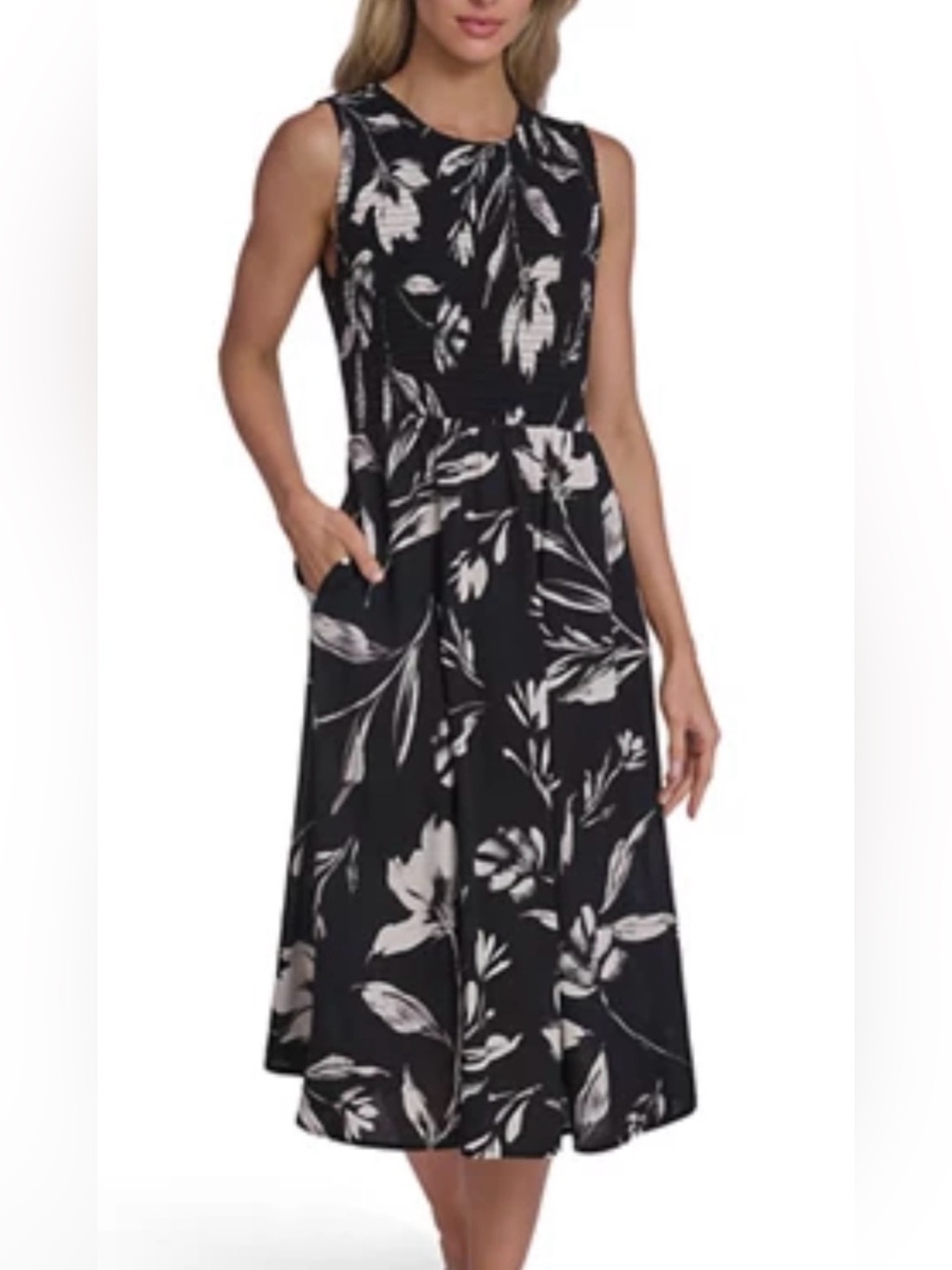 Calvin Klein Black Floral Print Sleeveless Midi Dress